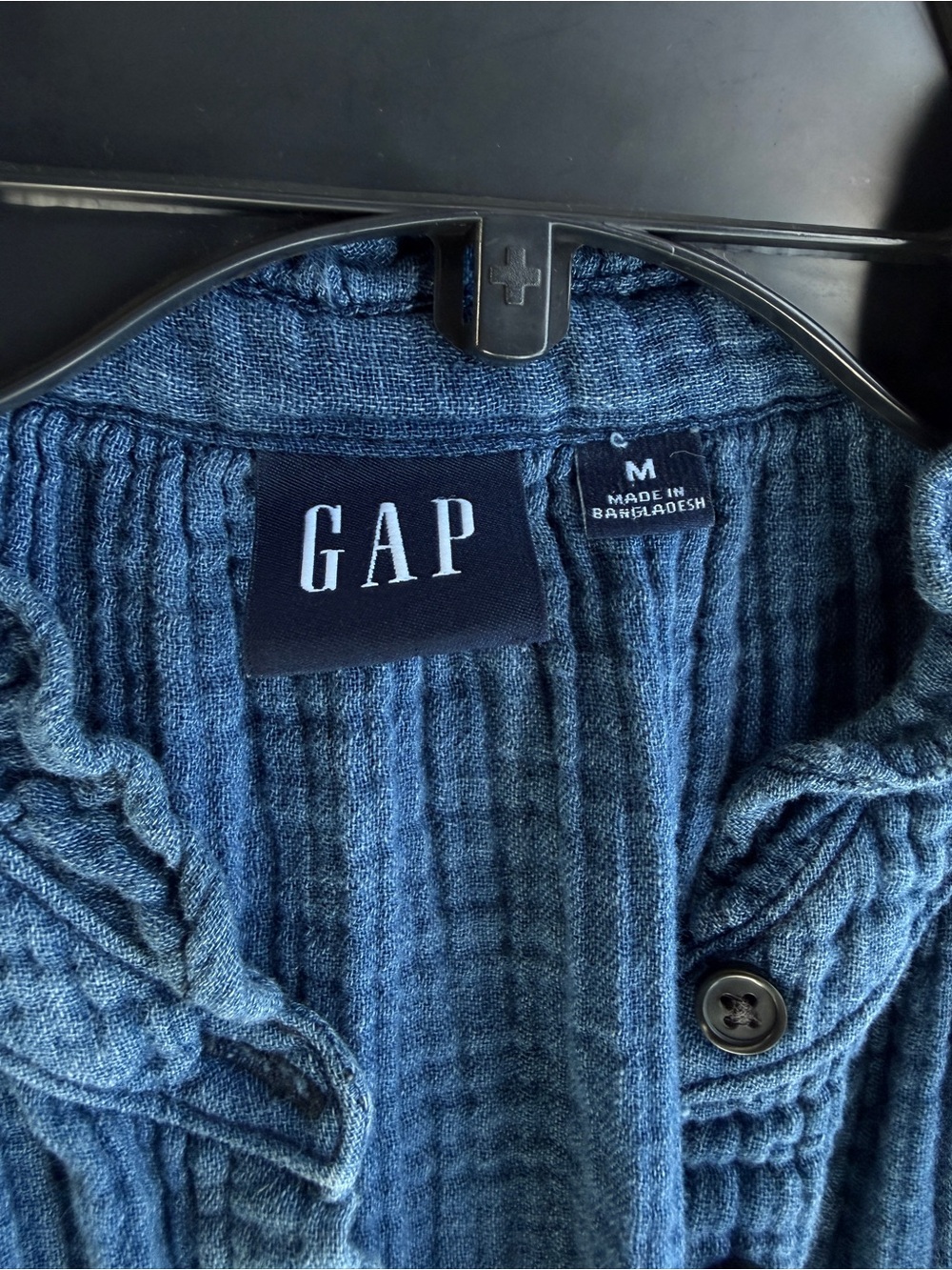 GAP Blue Crinkle Cotton Double Gauze Ruffle Button Front Mini Dress Sz Medium - Picture 9 of 13